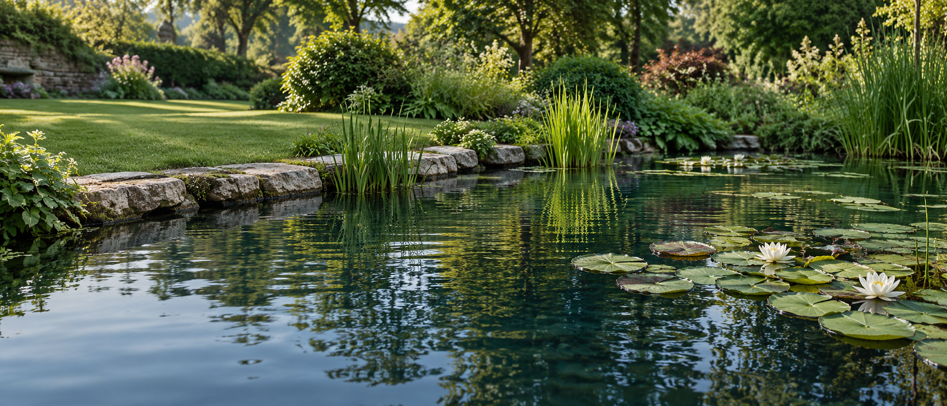 A peaceful garden pond with waterlilies and natural stone edging
